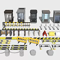 Assortment Of Security Booths Barrier Gates Railings Roadblocks And Warning Strips