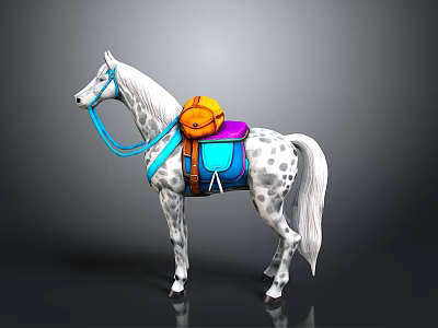 White Spotted Horse With Blue Reins And Colorful Saddle Equipment 3d model
