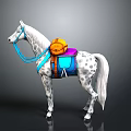 White Spotted Horse With Blue Reins And Colorful Saddle Equipment
