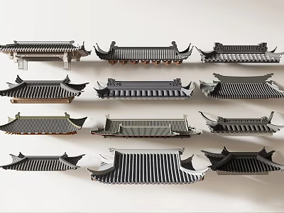 Traditional Chinese Roof Components Featuring Various Architectural Styles And Eave Designs 3d model
