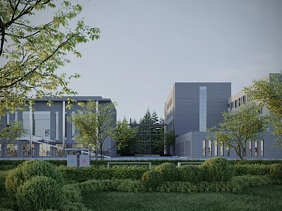 Modern Office Building Exterior With Green Lawn Trees Shrubs And Contemporary Design 3d model