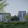 Modern Office Building Exterior With Green Lawn Trees Shrubs And Contemporary Design
