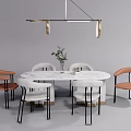 Modern Round Dining Table Set with Marble Top White Orange Chairs and Gold Pendant Light