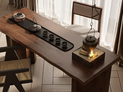 Natural Wooden Tea Table And Chairs With Tea Set Copper Kettle And Burning Fire 3d model