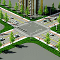 Road Intersection Facilities With Traffic Lights Traffic Lanes Pedestrian Walkways And Green Belt Trees