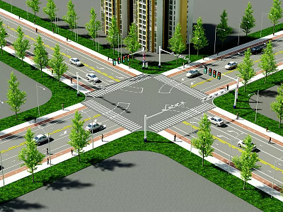 Road Intersection Facilities With Traffic Lights Traffic Lanes Pedestrian Walkways And Green Belt Trees 3d model