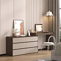 Dark Wooden Dressing Table with Drawers Photo Frames Vase with Flowers and Stool by Window