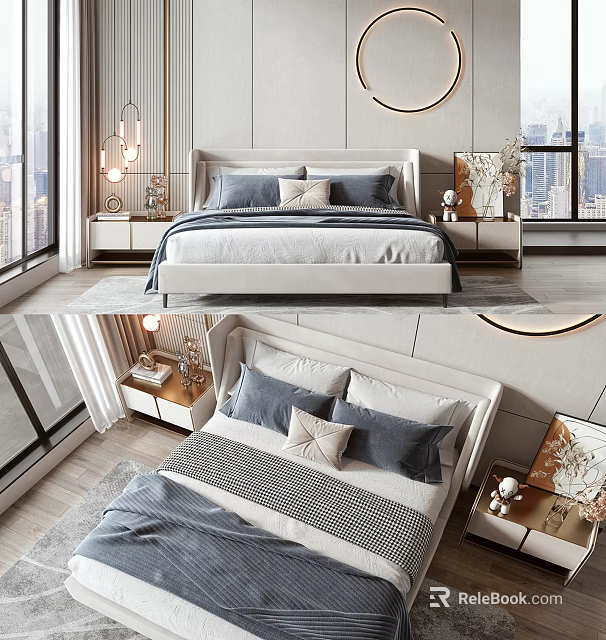 Elegant Modern Double Bed With Soft Pillows Bedside Tables And Large Windows 3d model