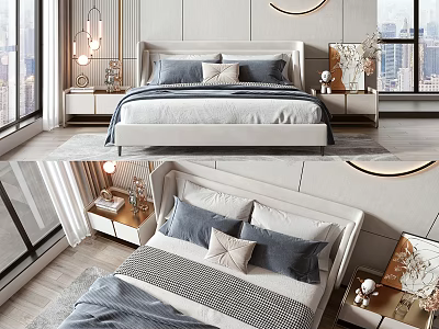 Elegant Modern Double Bed With Soft Pillows Bedside Tables And Large Windows 3d model