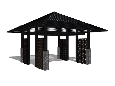 Traditional Garden Pavilion With Black Latticed Roof And Gray Stone Pillars 3d model