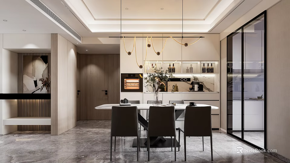 Modern Restaurant Interior With Open Layout Dining Table Chairs And Pendant Lights 3d model 