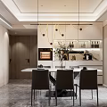 Modern Restaurant Interior With Open Layout Dining Table Chairs And Pendant Lights
