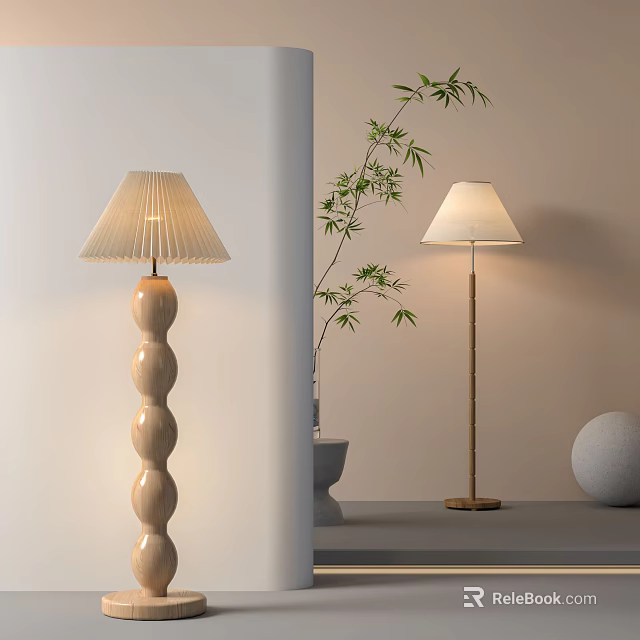 Stylish Floor Lamps With Wooden Wavy Base And Metal Stand Near Green Plant 3d model 