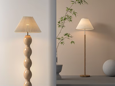 Stylish Floor Lamps With Wooden Wavy Base And Metal Stand Near Green Plant 3d model