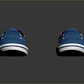 Blue Casual Shoes with White Soles Laces and Plaid Lining Displayed on Black Reflective Surface