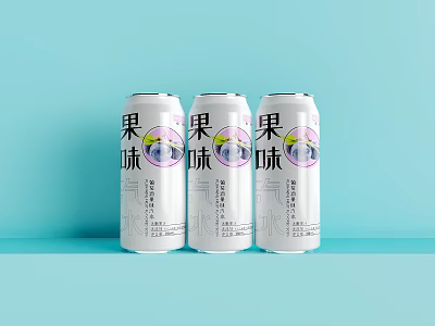 Three White Fruit Flavored Beverage Cans on Light Blue Background 3d model