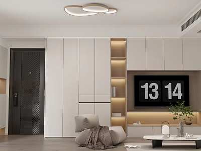 Modern Living Dining Room Interior With White Cabinets TV Wall Ceiling Lights And Green Plant 3d model