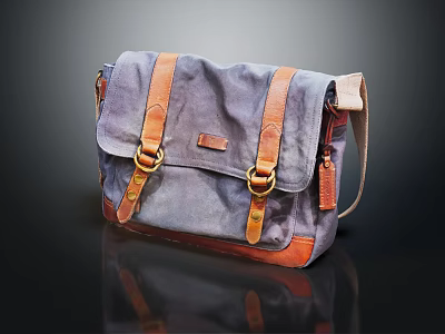 Gray Canvas Messenger Bag With Brown Leather Straps Metal Buckles And Flap Closure 3d model