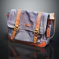 Gray Canvas Messenger Bag With Brown Leather Straps Metal Buckles And Flap Closure