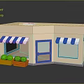 Small Shop Building Featuring Blue White Striped Awnings Blue Door Windows Yellow Planters Green Plants