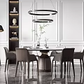 Modern Dining Table Set With Chairs Hanging Lights And Marble Floor Decor 3d model