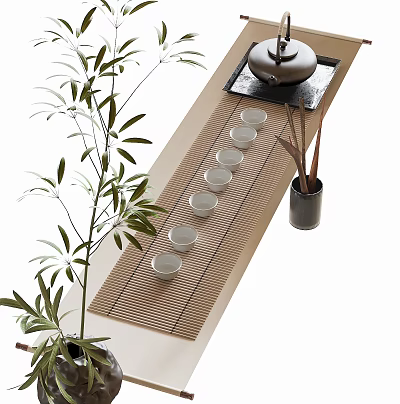 Elegant Tea Set with Teapot and Teacups on Bamboo Tray and Bamboo Plant 3d model