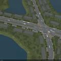 Aerial View of Urban Road Intersection With Water Areas Greenery and Residential Buildings