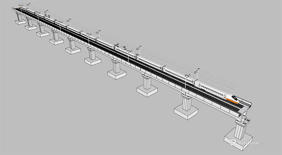 High Speed Rail Track Infrastructure With Concrete Piers Electric Poles And Passenger Train 3d model 