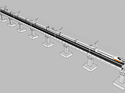 High Speed Rail Track Infrastructure With Concrete Piers Electric Poles And Passenger Train 3d model