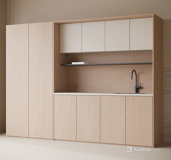 Modern Minimalist Light Wood Sideboard With Upper Lower Cabinets Open Shelf And Sink Faucet 3d model 