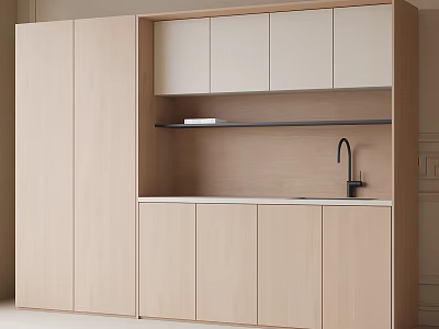 Modern Minimalist Light Wood Sideboard With Upper Lower Cabinets Open Shelf And Sink Faucet 3d model