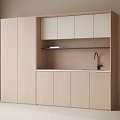 Modern Minimalist Light Wood Sideboard With Upper Lower Cabinets Open Shelf And Sink Faucet