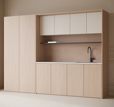 Modern Minimalist Light Wood Sideboard With Upper Lower Cabinets Open Shelf And Sink Faucet 3d model
