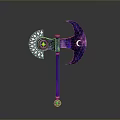 Decorative Fantasy Axe With Purple Blue Blade Moon Star Design And Yellow Accents