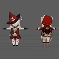Two Cartoon Women Characters In Different Red And White Outfits With Horns And Witch Hat