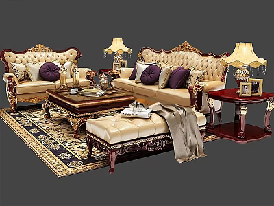 Classic Ornate Multi Person Sofa Featuring Purple Pillows Coffee Table And Lamps 3d model