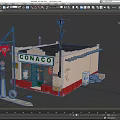 CONACO Gas Station With Cream And Red Exterior Black Roof Green Doors And Fuel Pump
