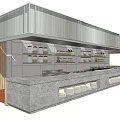 Modern Commercial Kitchen Featuring Long Stone Counter Glass Display Cabinets And Overhead Hood