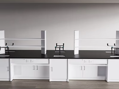 Modern Functional Table With Black Countertop White Cabinets And Open Storage Shelves 3d model