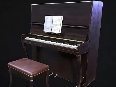 Classic Musical Instruments Featuring Dark Wooden Piano With Music Sheets And Leather Stool 3d model