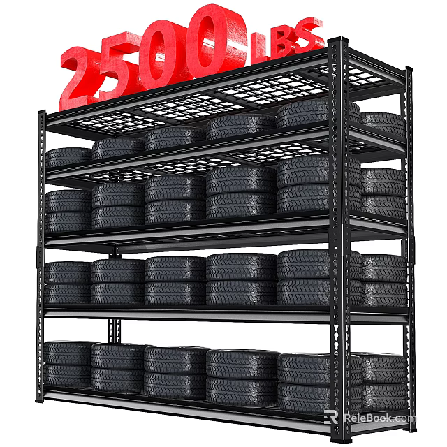 Black Metal Shelf Displaying Stacked Tires With Red 25 Percent Off Sign 3d model 