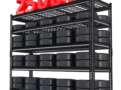 Black Metal Shelf Displaying Stacked Tires With Red 25 Percent Off Sign 3d model