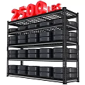 Black Metal Shelf Displaying Stacked Tires With Red 25 Percent Off Sign