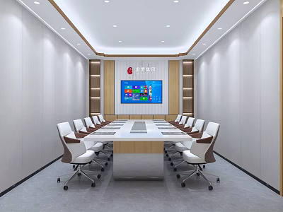 Modern Conference Room Interior With Long Table White Chairs Large Screen And China Telecom Logo 3d model