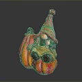 Gnome Figurine Sitting On Striped Orange Pumpkin With Red Orange Hat