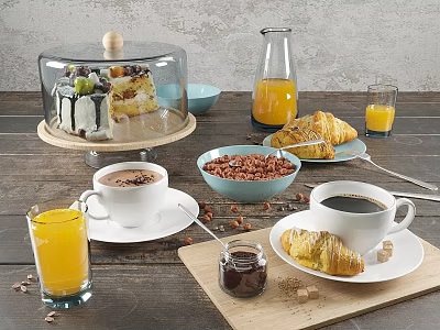 Delicious Breakfast Food With Fruit Cake Orange Juice Croissants Coffee And Cereal On Wooden Table 3d model