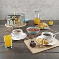 Delicious Breakfast Food With Fruit Cake Orange Juice Croissants Coffee And Cereal On Wooden Table