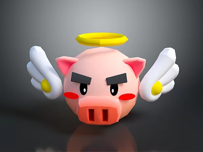 Cute Pink Cartoon Pig with White Wings Yellow Halo and Angry Expression 3d model
