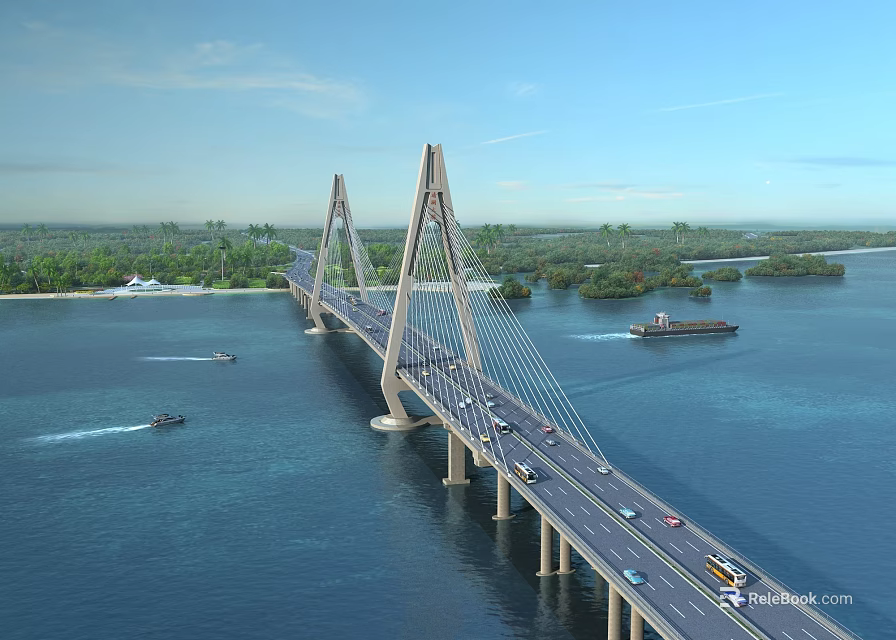 Cable Stayed Bridge Spanning Blue Water With Vehicles On Deck And Boats Below Lush Islands 3d model 