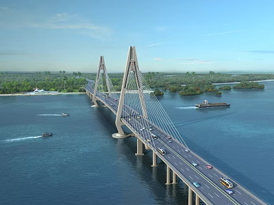 Cable Stayed Bridge Spanning Blue Water With Vehicles On Deck And Boats Below Lush Islands 3d model